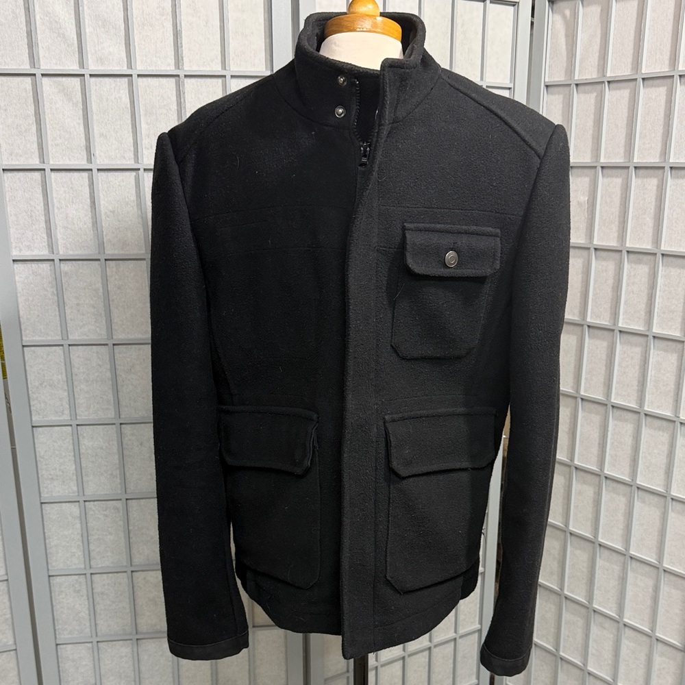 Tristan Black Military Field Jacket with Stand Collar, Large